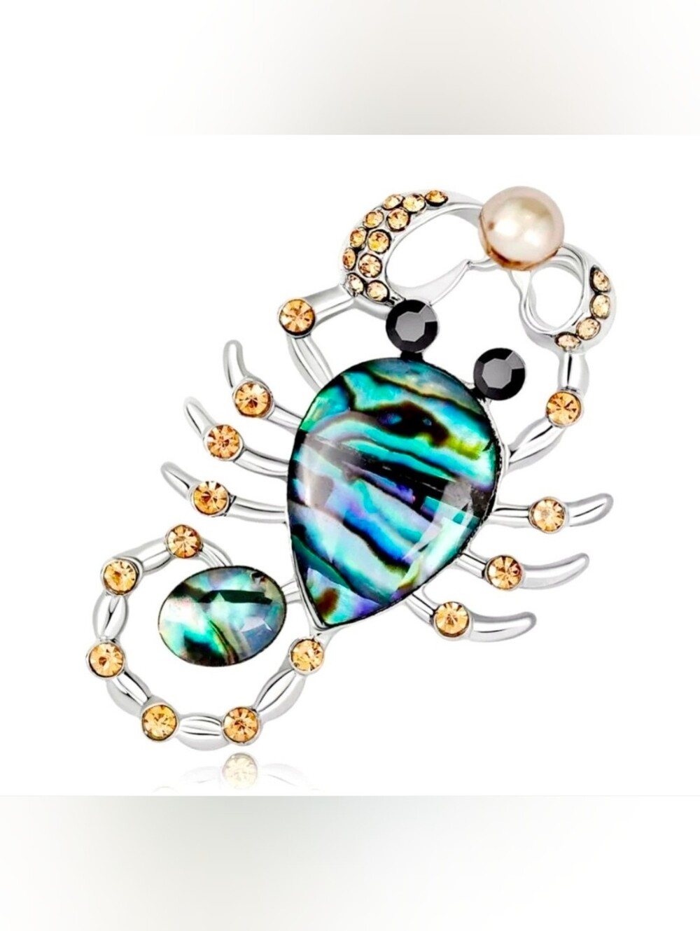 Silver Orange crystal abalone inlay scorpion brooch